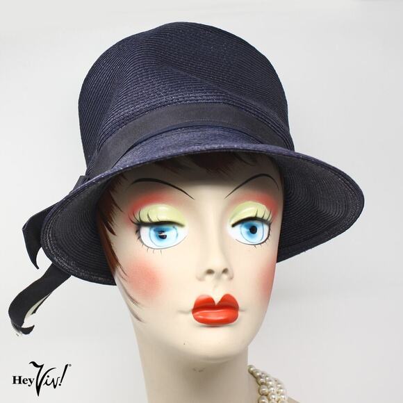 Vintage 50s Navy Cloche Hat White Button Trim Ribbon Bow Union Tag - Hey Viv main image 8